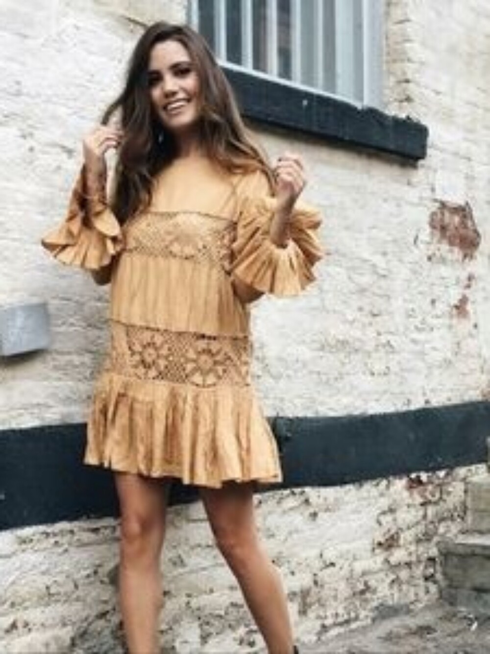 Tularosa Berkley Saffron Lace Panel Mini Dress‎ Lined Visfose Nude S Yellow